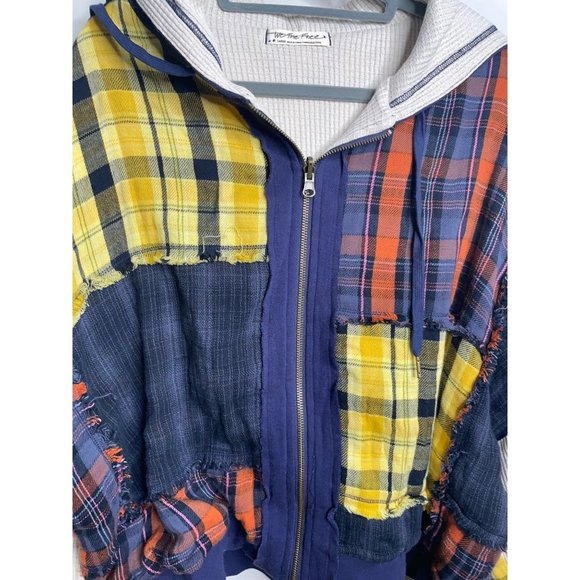 Free People We The Free Patch & Reverse Plaid Hoodie Jacket Slouchy Size L NWT - Picture 5 of 8